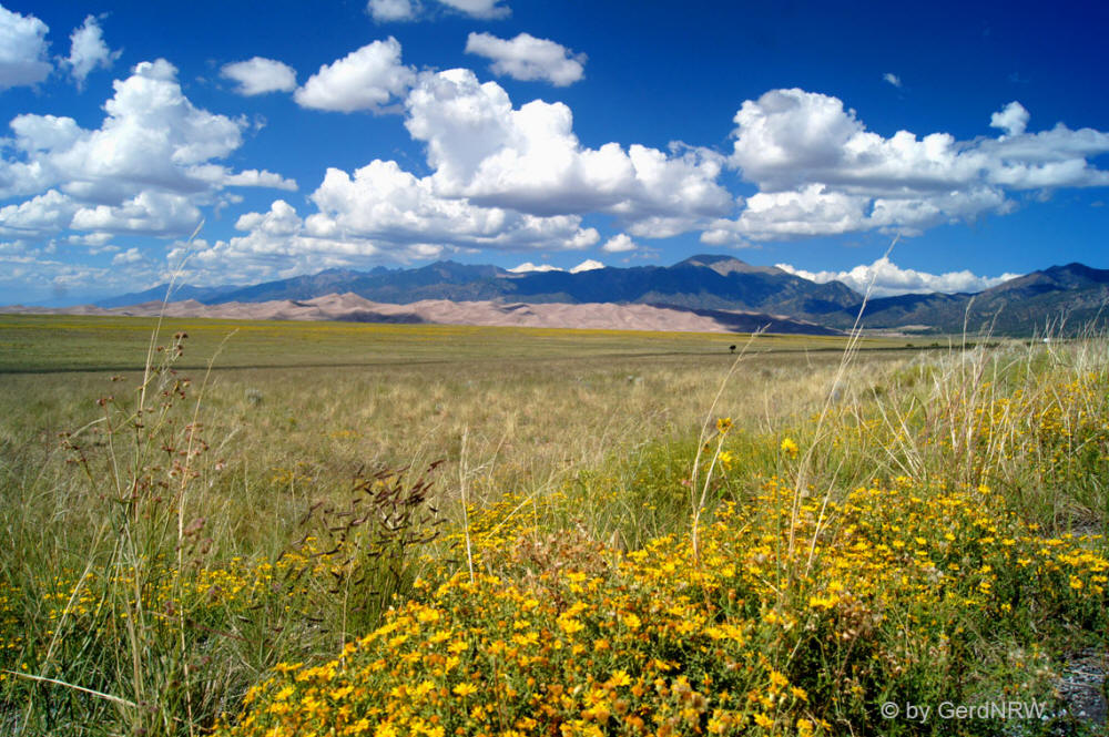Distant view on Great Sand Dunes and Sangro de Cristo Range, Great Sand Dunes National Park, Colorado - USA