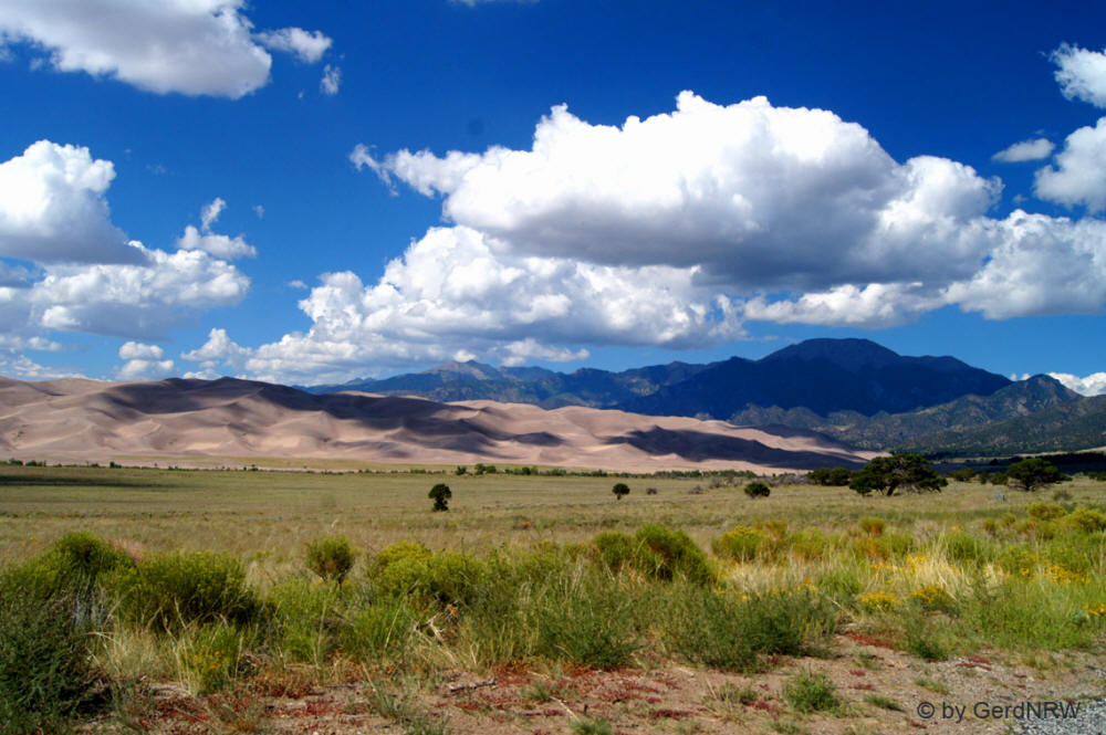 Distant view on Great Sand Dunes and Sangro de Cristo Range, Great Sand Dunes National Park, Colorado - USA