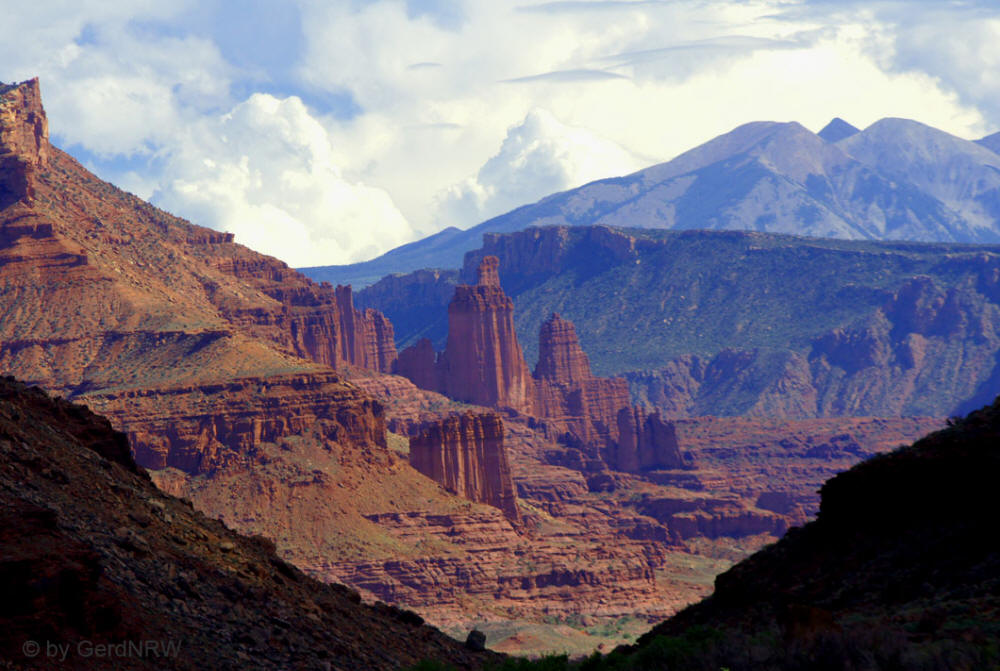 Fisher Towers and La Sal Mountains from UT-128, Near Moab, Utah, USA