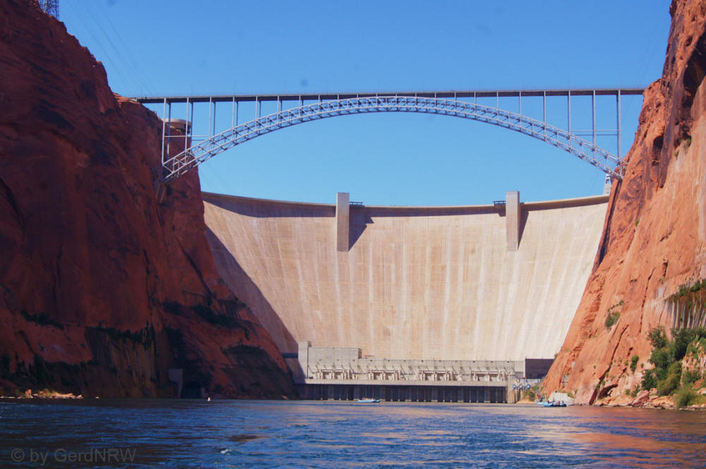 Glen Canyon Bridge & Glen Canyon Dam from Colorado River, near Page, Arizona - USA